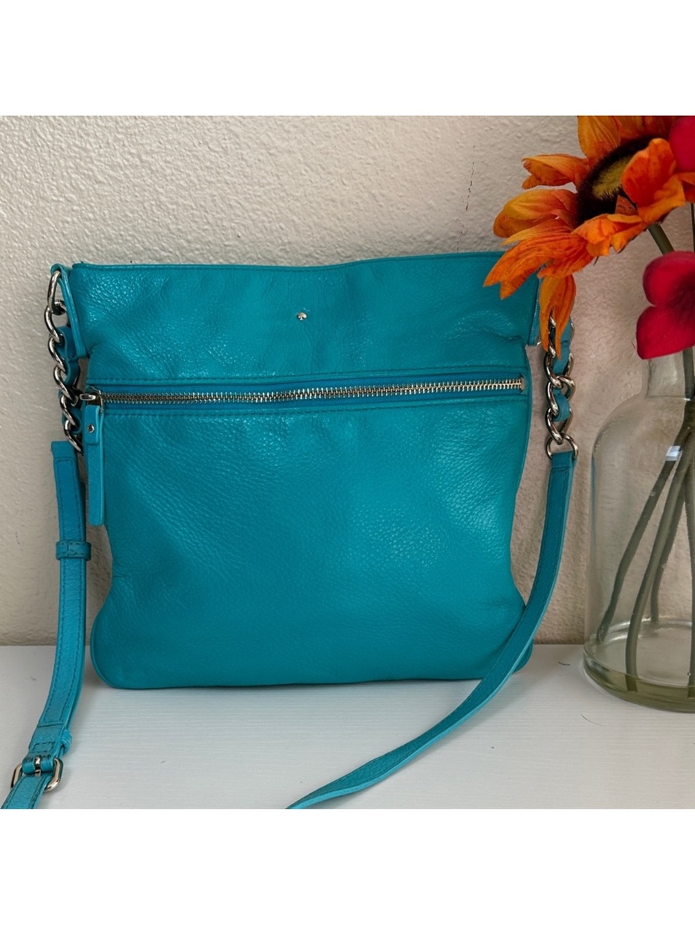 kate spade Turquoise Leather Crossbody Bag with exterior pocket